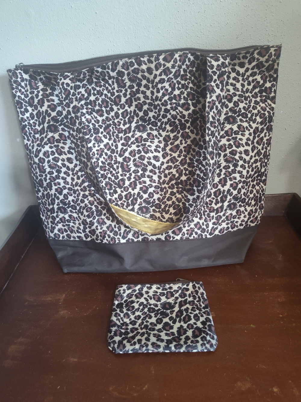 Leopard Print Tote with Brown Base and Gold Accent